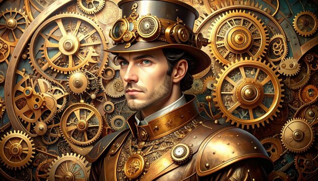 Steampunk Adventurer in Brass and Copper Armor with Gears Background