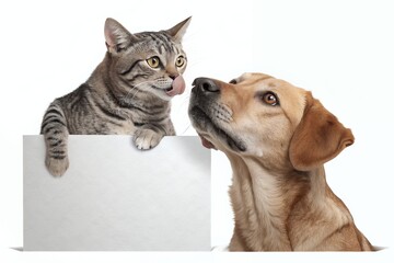 Adorable Cat and Dog Friends Posing Together with Blank Sign