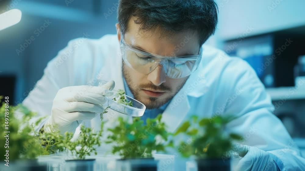 Aufkleber a scientist in a lab coat and goggles works on plants, possibly conducting experiments or studying p