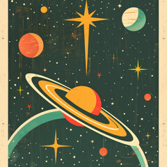 Naklejka premium Retro space illustration with planets and stars in vintage style