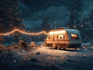 Cozy Winter Camper Trailer at Night