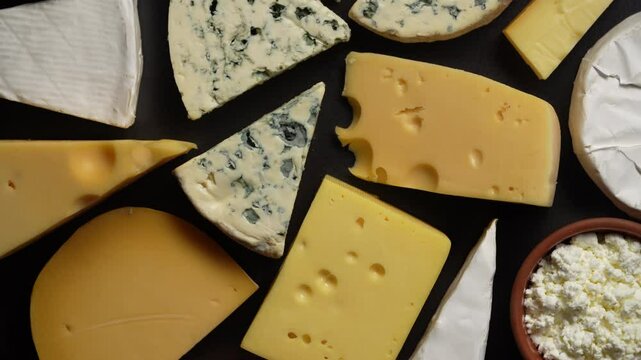 Set of different cheeses on black background, close up, top view . Various types of cheese rotates