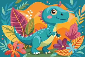 Cute Cartoon Dinosaur in Vibrant Tropical Garden