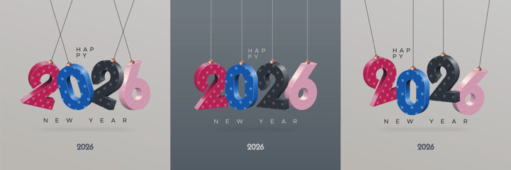 Happy New Year 2026 with 3D texture hanging number. Greeting concept for 2026 New Year celebration