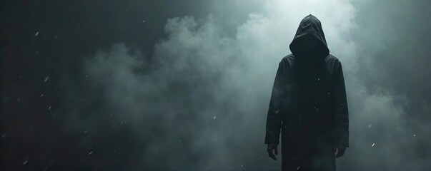 Mysterious figure in silhouette against a stark grey backdrop, conveying a sense of intrigue and hidden identity  Perfect for concepts of secrecy, anonymity, and the unknown ,  vintage,  atmospheric