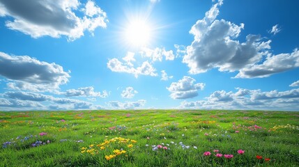 A colorful field bursting with wildflowers beneath a sky of floating white clouds and golden sunlight that lights up the peaceful countryside.