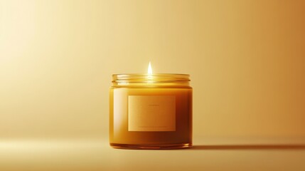 A warm golden candle flame illuminates a simple clear jar with label.