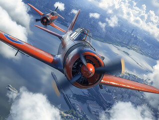 Vintage Fighter Planes in Formation Above City Skyline