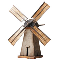 A miniature wooden windmill with four sails, weathered and aged appearance, on a small base