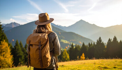 A woman wearing a wide-brimmed hat and a backpack stands in an open field, admiring the sunlit mountain landscape covered with trees and autumn colors.