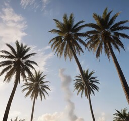 Tall palm tree silhouettes against a bright sky,  summer,  fronds,  illustration