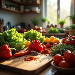 Kitchen counter in the middle of cooking counter with cutting board, spices, vegetables, natural window light.