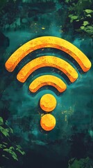 A stylized, golden wifi symbol rendered with a textured, painterly effect, set against a dark teal, foliage-like background
