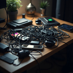 Close-up of a tangled pile of charging cables and gadgets on a table. A mess of wires, phones on the work table.