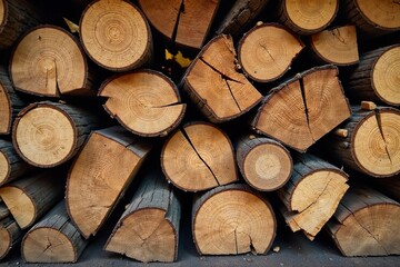 Fototapeta premium A rustic pile of bundled firewood, ready for a cozy fire Perfect for winter scenes, camping imagery, or rustic home decor Shows natural texture and variations in wood , fuel, brown