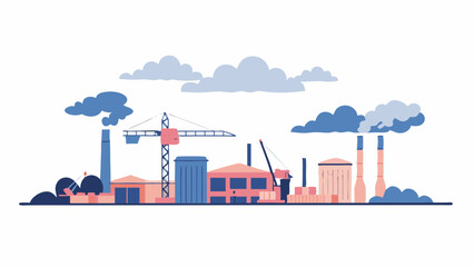 Fototapeta premium Illustration of an industrial landscape with factories, chimneys, crane and clouds in the sky above