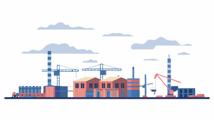 Obraz premium Illustration of a construction site with buildings cranes and chimneys under a cloudy sky in pastel colors