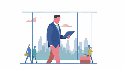 Obraz premium Illustration of a businessman holding a tablet in front of a cityscape with other people nearby