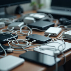 Close-up of a tangled pile of charging cables and gadgets on a table. A mess of wires, phones on the work table.