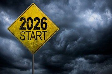 Road signs indicate the path to the new year 2026 and the old year 2025 on a blue sky, creative idea. Choose a new road, concept. Change for the better