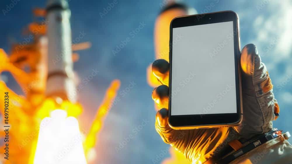 Poster A person holds a smartphone with a rocket in the background, suitable for tech and space-related topics