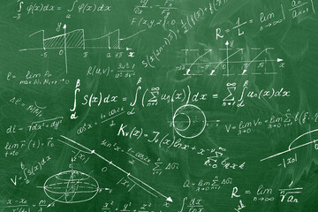Chalk scribbles on a math board. Blackboard, formulas, shapes, geometry. The concept of education....