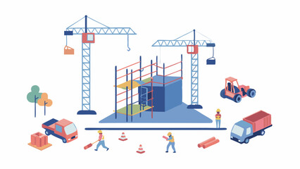 Isometric construction site with cranes scaffolding workers trucks and building under construction project view