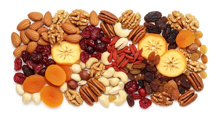 Obraz premium A healthy collection of mixed nuts and dried fruit on white background