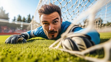 A determined soccer goalkeeper makes a save on the field during a match.