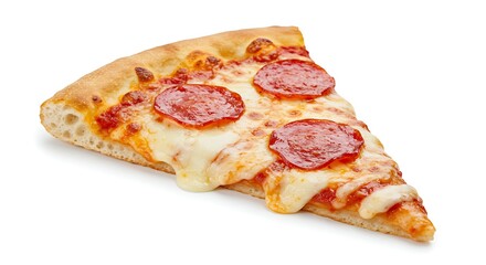 Delicious baked pizza slice with melted mozzarella cheese and pepperoni, isolated on a white background