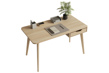 Wooden desk with plant, notebook and stationery isolated on transparent background for office or home workspace