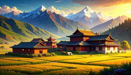 Fototapeta premium Serene Tibetan Monastery Nestled Among Majestic Mountain Peaks