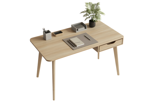 Wooden desk with plant, notebook and stationery isolated on transparent background for office or home workspace