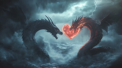 Vivid dragon surrounded by colorful heart aura high resolution picture