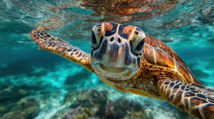 Fototapeta premium Close up underwater view of sea turtle swimming near surface in clear blue ocean water, showing detailed shell and face