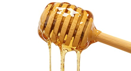 Wooden honey dipper dripping golden honey isolated on white background