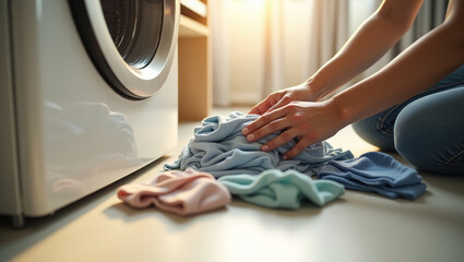 Close-up of hands separating laundry on floor next to washing machine, soft daylight, realistic life scene. Starting the washing machine.