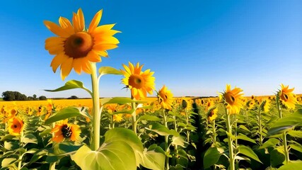 Vibrant sunflower field featuring rows of bright yellow flowers under a clear blue sky during sunny daytime, showcasing lush green foliage and a distant horizon.