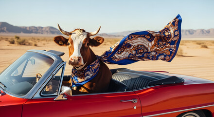 Naklejka premium A cow driving a convertible through a desert with a scarf blowing in the wind