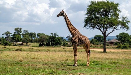 Obraz premium Graceful Giraffe Stands Tall in Turkana Viewing Area near Farmhouse