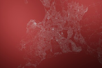 Map of the streets of Cape Town (South Africa) made with white lines on abstract red background lit by two lights. Top view. 3d render, illustration