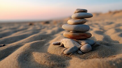 Balanced stone tower on sandy beach during sunset at coastal location