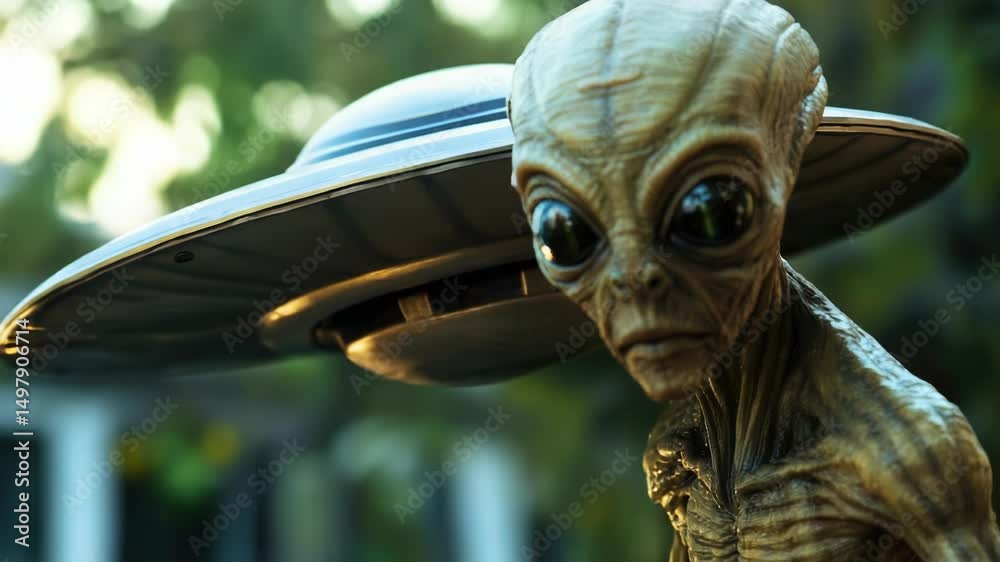 Poster a close-up shot of an extraterrestrial figure with a spacecraft in the background, ideal for sci-fi 