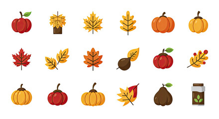 set of autumn leaves and fruits icons