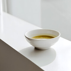 A white bowl of soup is sitting on a counter
