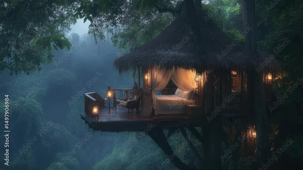Poster a small treehouse in the midst of a dense forest, surrounded by tall trees and foliage