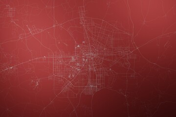 Map of the streets of Hefei (China) made with white lines on abstract red background lit by two lights. Top view. 3d render, illustration