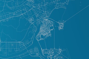 Map of the streets of Macao (China) made with white lines on blue background. 3d render, illustration
