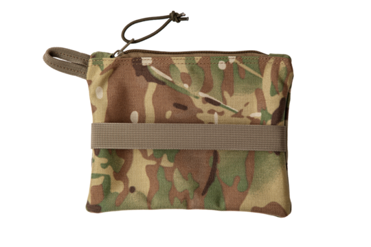 Camouflage tactical pouch with zipper and elastic strap, isolated on transparent background.
