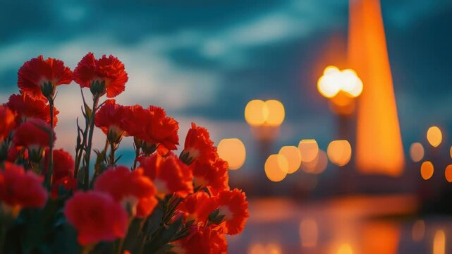 A bouquet of red carnations placed in front of the iconic  Tower